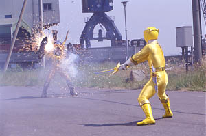 Yellow Ranger facing off with Motorcycle Org