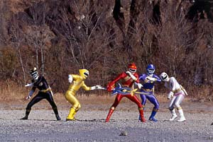 Wild Force Rangers stand to battle with the Jungle Sword